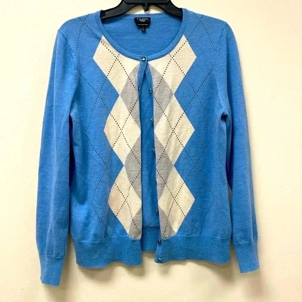 Talbots 100% Merino Wool light blue brown cardigan.  Large cold work lightweight